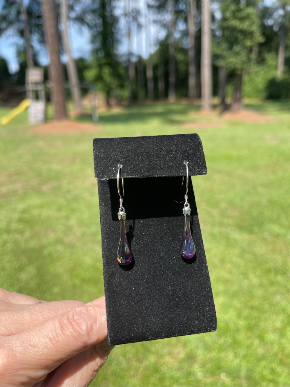 FENTON Carnival Art Glass Tear Drop Earrings Iridescent .925 Sterling Wire NWT - Picture 11 of 16